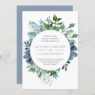 Invitation Aquarelle bleu Dusty Mariage circulaire