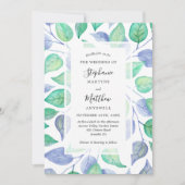 Invitation Aquarelle bleu Dusty Mariage de feuillage peint (Devant)