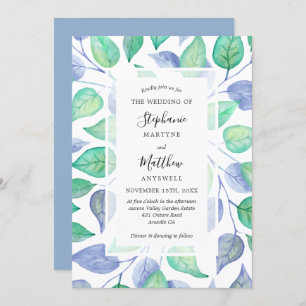 Invitation Aquarelle bleu Dusty Mariage de feuillage peint