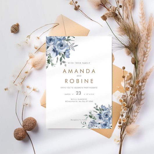 Invitation Aquarelle bleu Dusty Mariage Floral