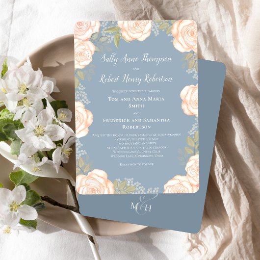 Invitation Aquarelle bleu Dusty Mariage Floral
