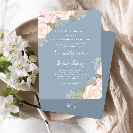 Invitation Aquarelle bleu Dusty Mariage Floral