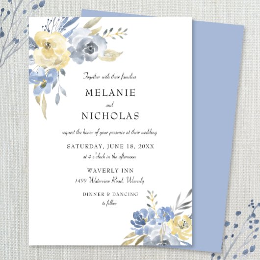 Invitation Aquarelle bleu Dusty Mariage Floral