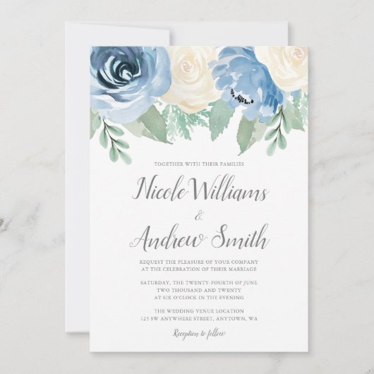 Invitation Aquarelle bleu Dusty Mariage Floral (Devant)