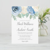 Invitation Aquarelle bleu Dusty Mariage Floral (Debout devant)