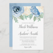 Invitation Aquarelle bleu Dusty Mariage Floral (Devant / Derrière)