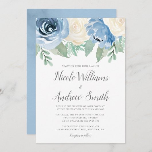 Invitation Aquarelle bleu Dusty Mariage Floral (Devant / Derrière)