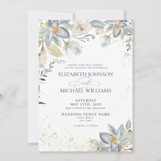 Invitation Aquarelle bleu Dusty or Mariage de script Floral (Devant)