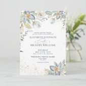 Invitation Aquarelle bleu Dusty or Mariage de script Floral (Debout devant)