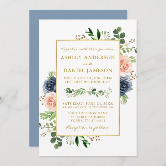 Invitation Aquarelle bleu Dusty Rose Mariage or (Devant / Derrière)