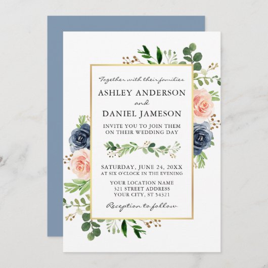Invitation Aquarelle bleu Dusty Rose Mariage vert (Devant / Derrière)