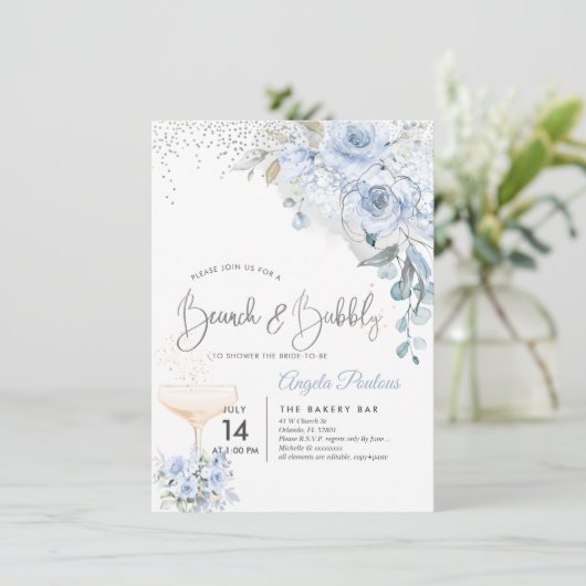 Invitation Aquarelle bleu Dusty Roses Brunch Bubbly (Debout devant)