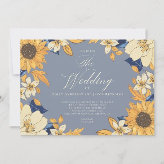 Invitation Aquarelle bleu Dusty Sunflower Script Mariage Inv (Devant)