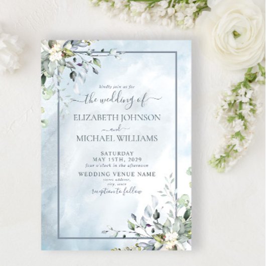 Invitation Aquarelle bleu Dusty vert botanique Script