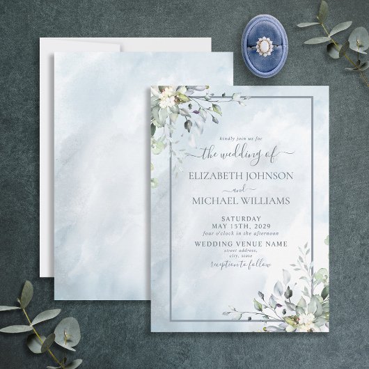 Invitation Aquarelle bleu Dusty vert botanique Script
