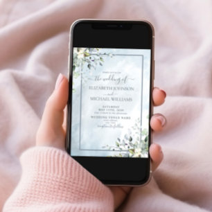 Invitation Aquarelle bleu Dusty vert botanique Script