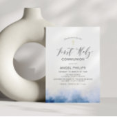 Invitation aquarelle bleu écriture première communion sainte