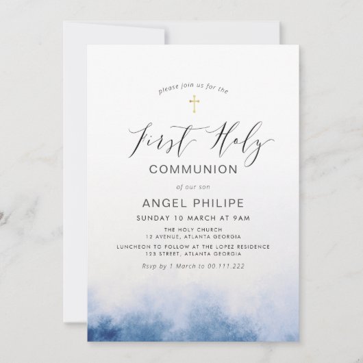 Invitation aquarelle bleu écriture première communion sainte (Devant)
