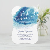 Invitation Aquarelle bleu élégant Première communion (Debout devant)