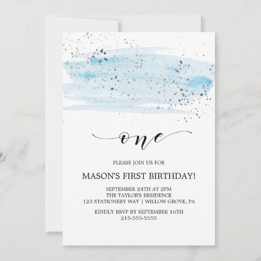 Invitation Aquarelle Bleu et Argent Étincelle Premier anniver (Devant)