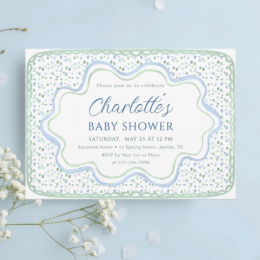 Invitation Aquarelle bleu et Baby shower Garçon vert Sage