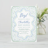 Invitation Aquarelle bleu et Baby shower vert Sage (Debout devant)