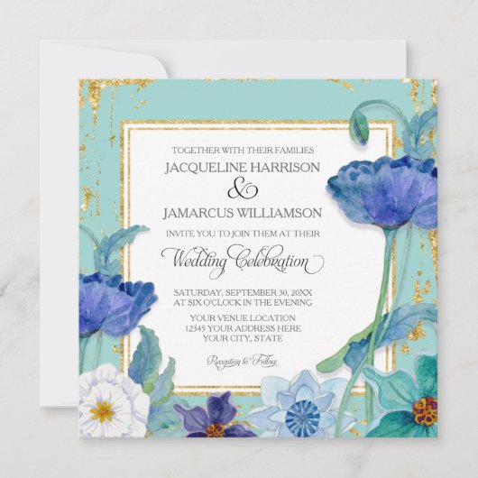 Invitation Aquarelle bleu et blanc de l'Aqua Floral Gold Fram (Devant)
