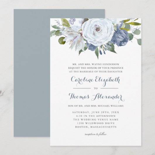 Invitation Aquarelle bleu et blanc Floral Mariage élégant (Devant / Derrière)