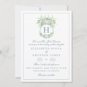 Invitation Aquarelle bleu et blanc Mariage de crête d'Hydrang