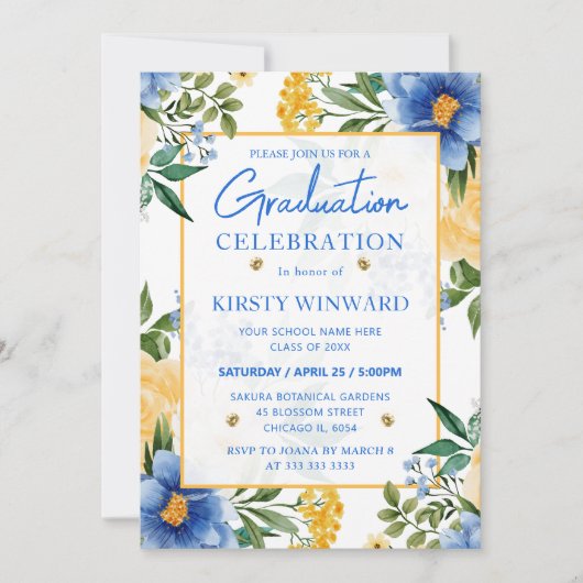 Invitation Aquarelle Bleu et Fleurs Jaunes Graduation (Devant)