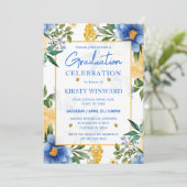Invitation Aquarelle Bleu et Fleurs Jaunes Graduation (Debout devant)