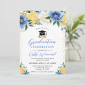 Invitation Aquarelle Bleu et Fleurs Jaunes Graduation (Debout devant)