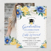 Invitation Aquarelle Bleu et Fleurs Jaunes Graduation (Devant / Derrière)