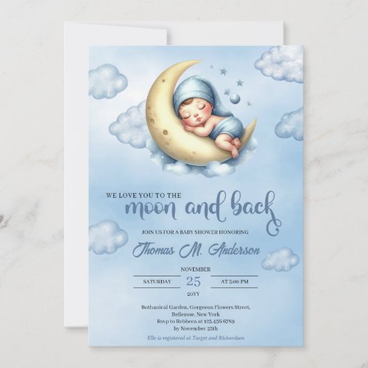 Invitation Aquarelle bleu et jaune lune et dos garçon (Devant)