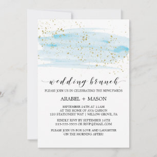 Invitation Aquarelle Bleu et Mariage d'étincelle or Brunch