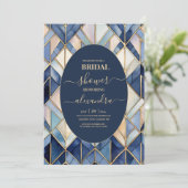 Invitation Aquarelle Bleu et Or Art Déco Bride (Debout devant)