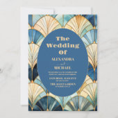 Invitation Aquarelle bleu et or Mariage Art déco (Devant)