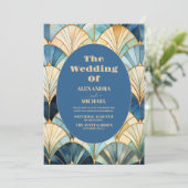 Invitation Aquarelle bleu et or Mariage Art déco (Debout devant)