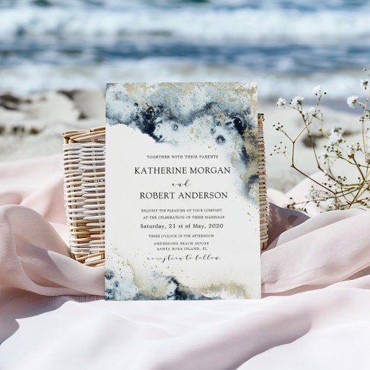 Invitation Aquarelle bleu et or minimaliste Mariage