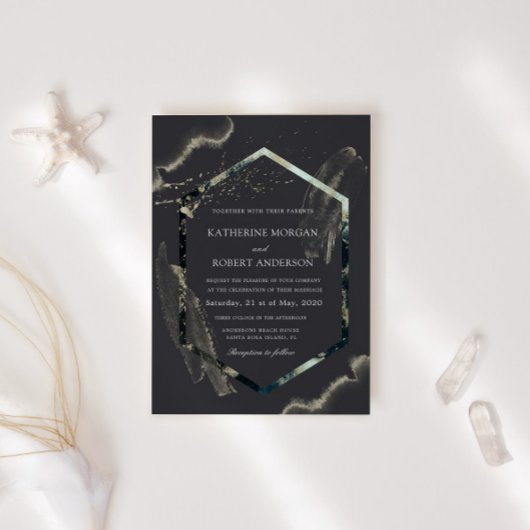 Invitation Aquarelle bleu et or minimaliste Mariage