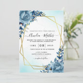 Invitation Aquarelle bleu et or printemps florale (Debout devant)