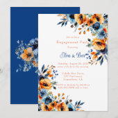 Invitation Aquarelle bleu et orange Fête de fiançailles flora (Devant / Derrière)