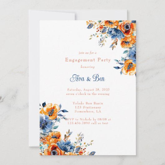 Invitation Aquarelle bleu et orange Fête de fiançailles flora (Devant)
