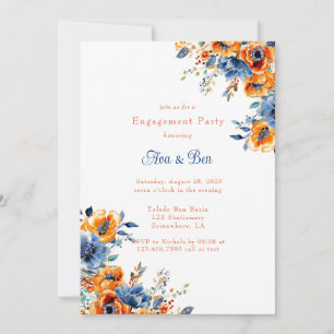 Invitation Aquarelle bleu et orange Fête de fiançailles flora