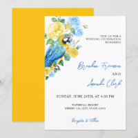 Aquarelle bleu et perroquet jaune Mariage floral