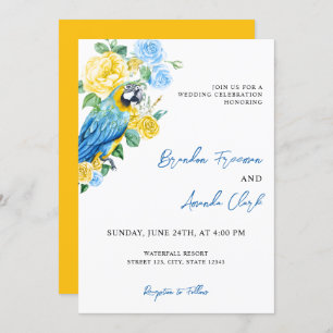 Invitation Aquarelle bleu et perroquet jaune Mariage floral