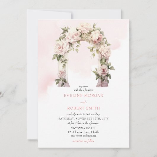 Invitation Aquarelle bleu et rose blanche arche mariage (Devant)