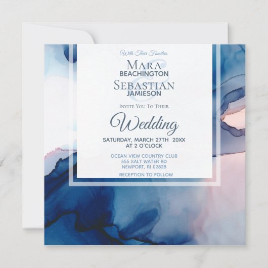 Invitation ~ Aquarelle bleu et rose Elégant Mariage tendance (Devant)