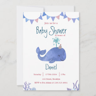 Invitation Aquarelle bleu et rouge Baby shower de baleine mig