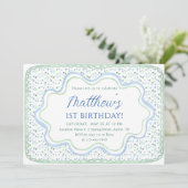 Invitation Aquarelle Bleu et Sage Vert 1er anniversaire fête (Debout devant)